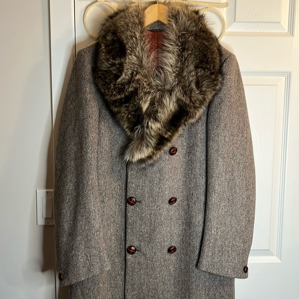 ❤️Vintage coat double-breasted 60s 70s women’s tweed brown real fur